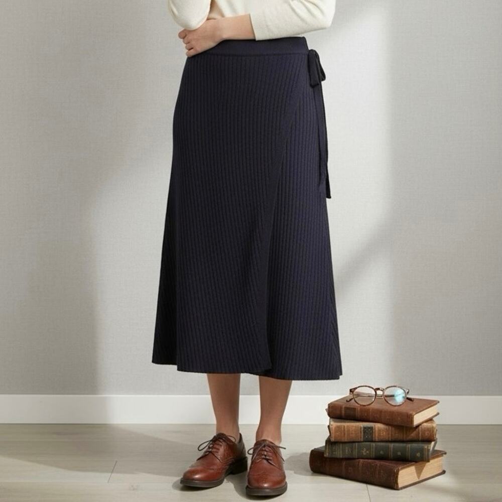 Pari Desai Knitted Wrap Midi Skirt M Academia Ribbed Waist Tie $365 Navy Blue